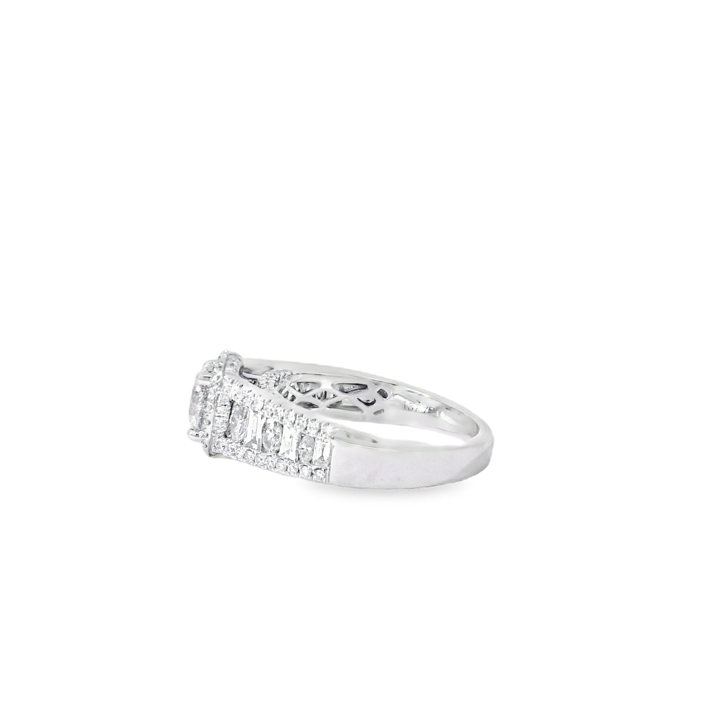 18k White Gold 1.00ctw Round Brilliant Natural Diamond Halo and Baguette-Cut Ring