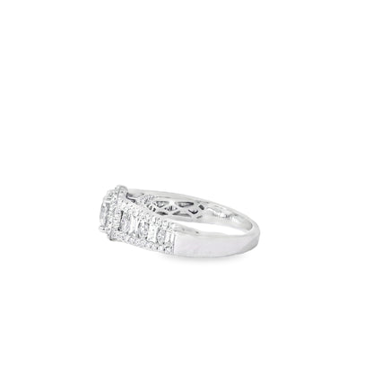 18k White Gold 1.00ctw Round Brilliant Natural Diamond Halo and Baguette-Cut Ring