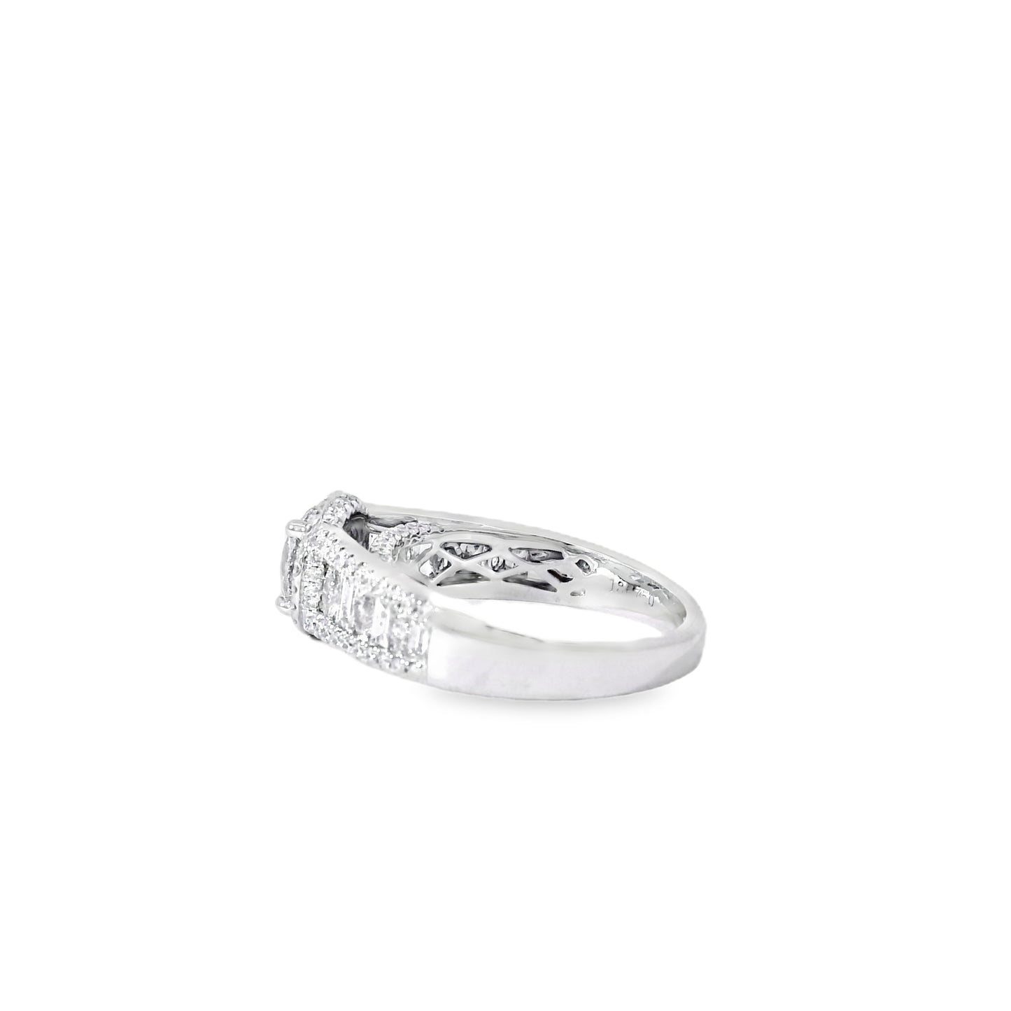 18k White Gold 1.00ctw Round Brilliant Natural Diamond Halo and Baguette-Cut Ring