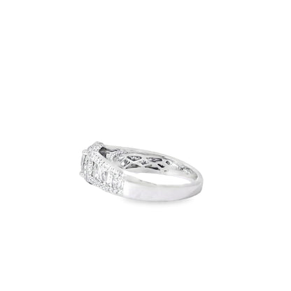 18k White Gold 1.00ctw Round Brilliant Natural Diamond Halo and Baguette-Cut Ring