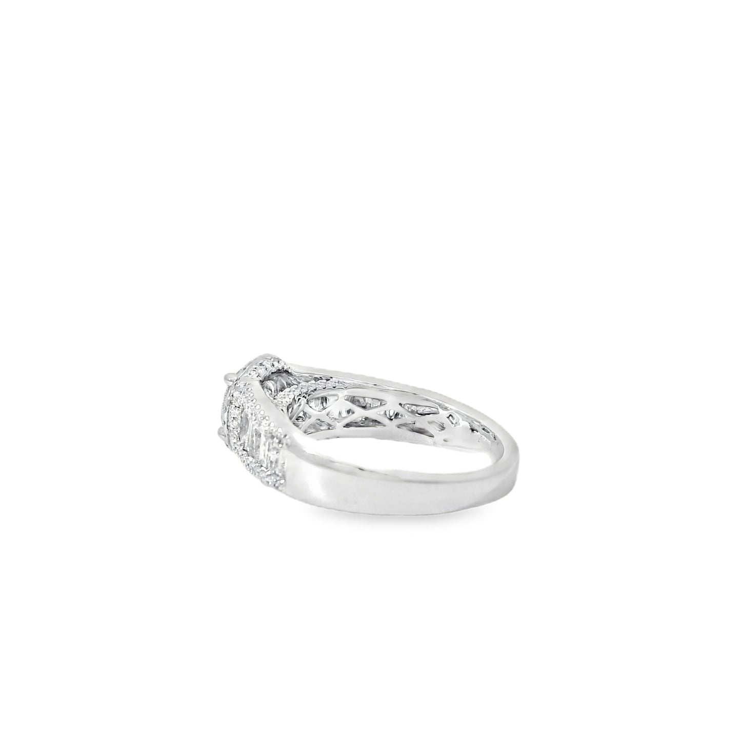 18k White Gold 1.00ctw Round Brilliant Natural Diamond Halo and Baguette-Cut Ring