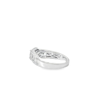 18k White Gold 1.00ctw Round Brilliant Natural Diamond Halo and Baguette-Cut Ring