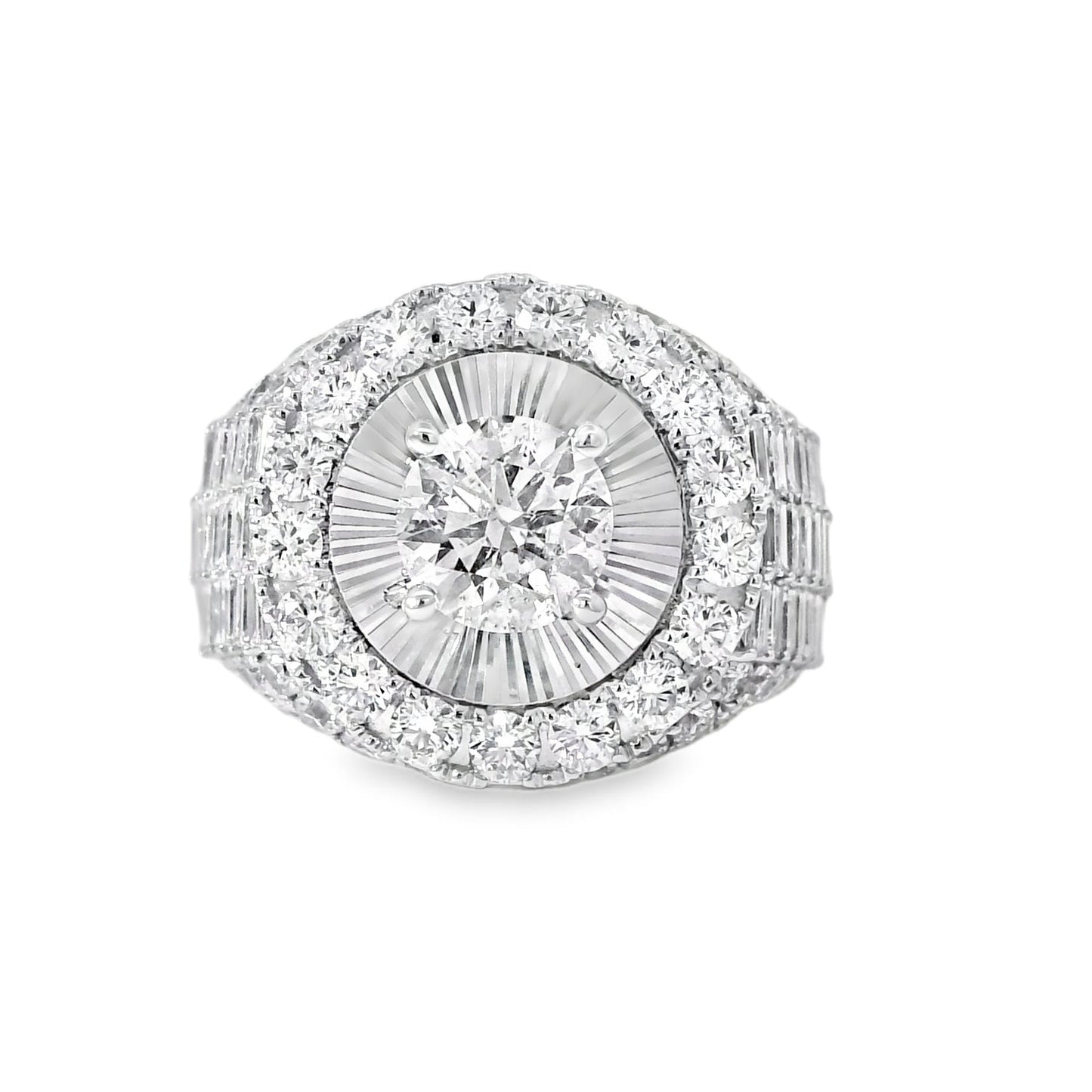 Silver ring with a central diamond and smaller diamonds on a white background