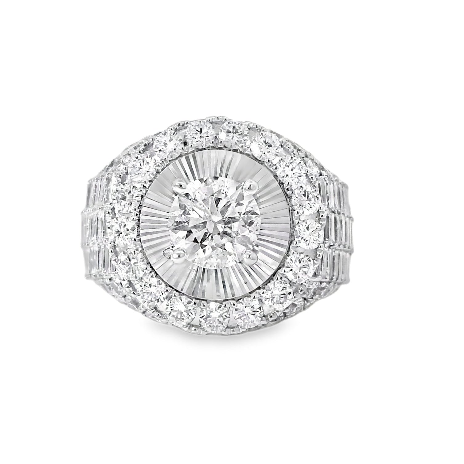 Silver ring with a central diamond and smaller diamonds on a white background