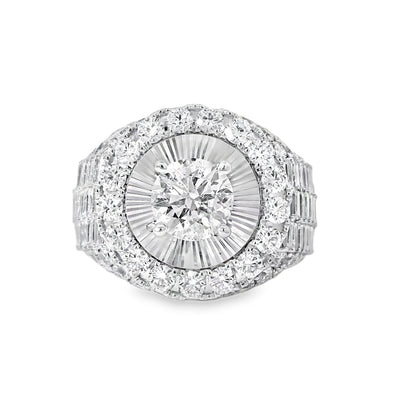 Silver ring with a central diamond and smaller diamonds on a white background