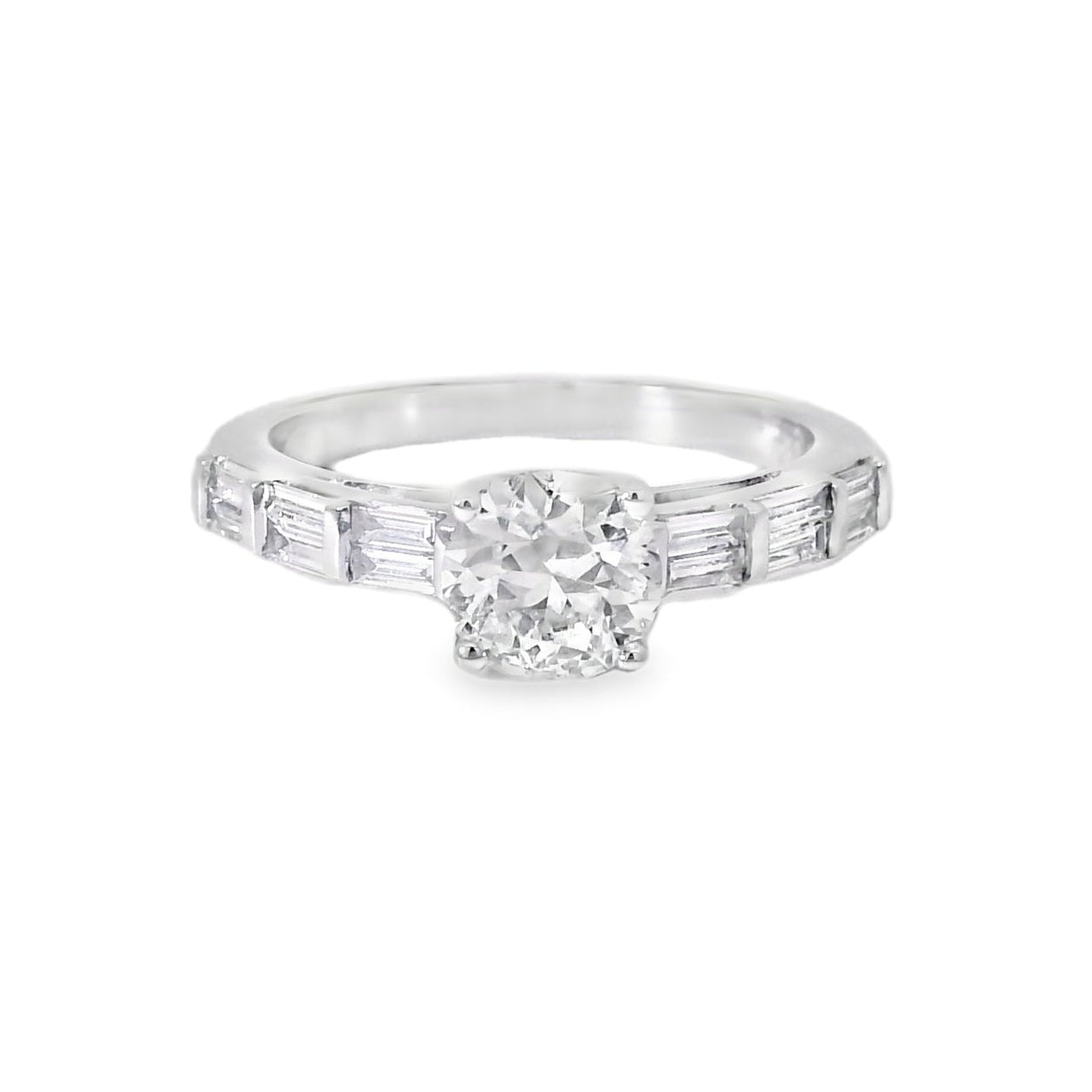 14k White gold 0.93ctw Baguette Cut accented by 1.01ctw Round Brilliant Diamond Ring