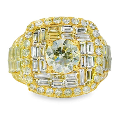 Gold ring with large central gemstone and smaller stones on a white background