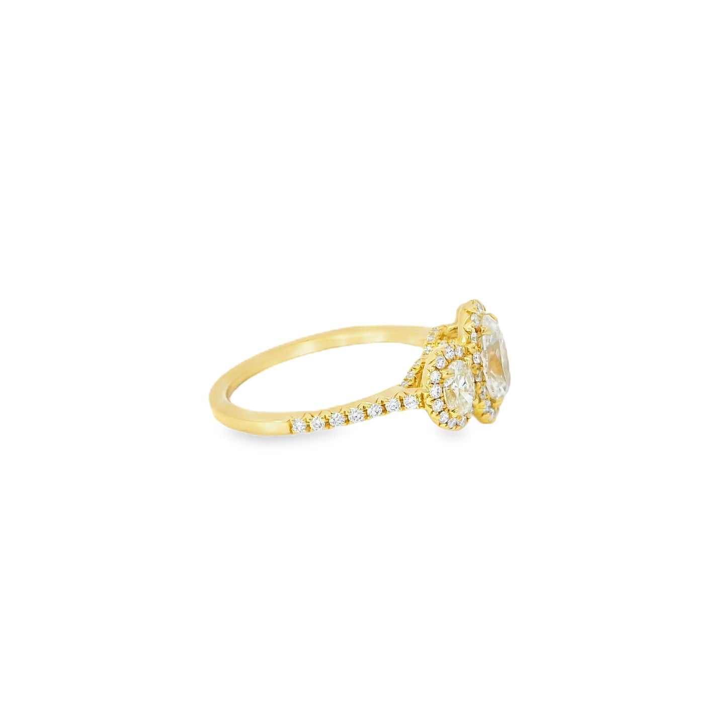 18k Yellow Gold 1.08ct Three-Stone Oval Diamond and 0.35ct Round Brilliant Diamonds Ring