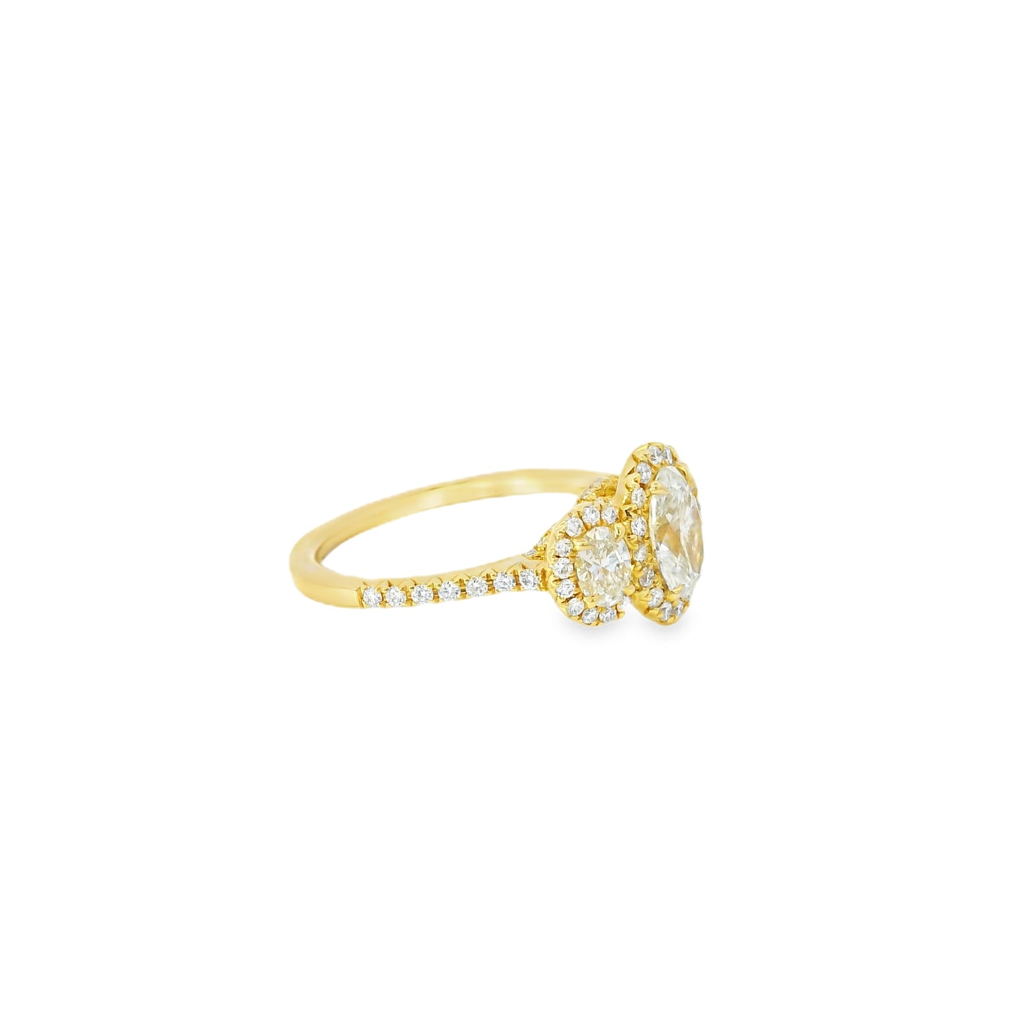18k Yellow Gold 1.08ct Three-Stone Oval Diamond and 0.35ct Round Brilliant Diamonds Ring