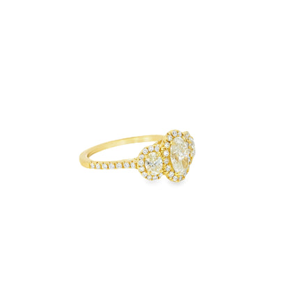 18k Yellow Gold 1.08ct Three-Stone Oval Diamond and 0.35ct Round Brilliant Diamonds Ring