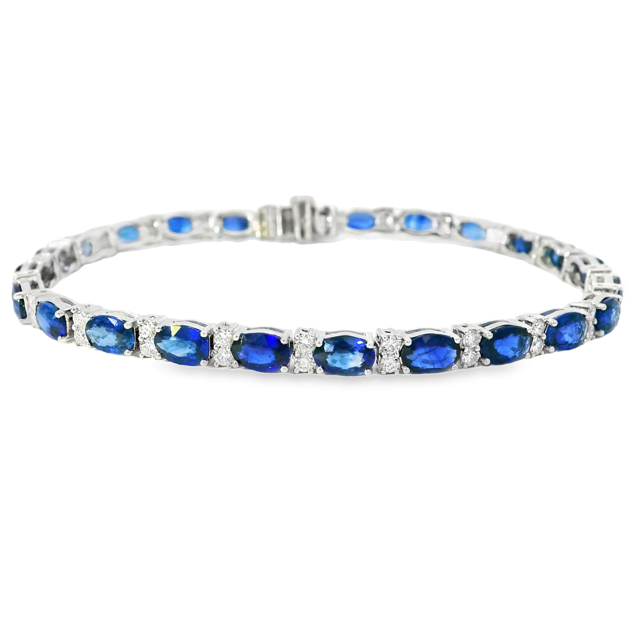 14k White Gold Tennis Bracelet Featuring 10ct Blue Sapphires and 1.00ct of Round Brilliant Diamonds