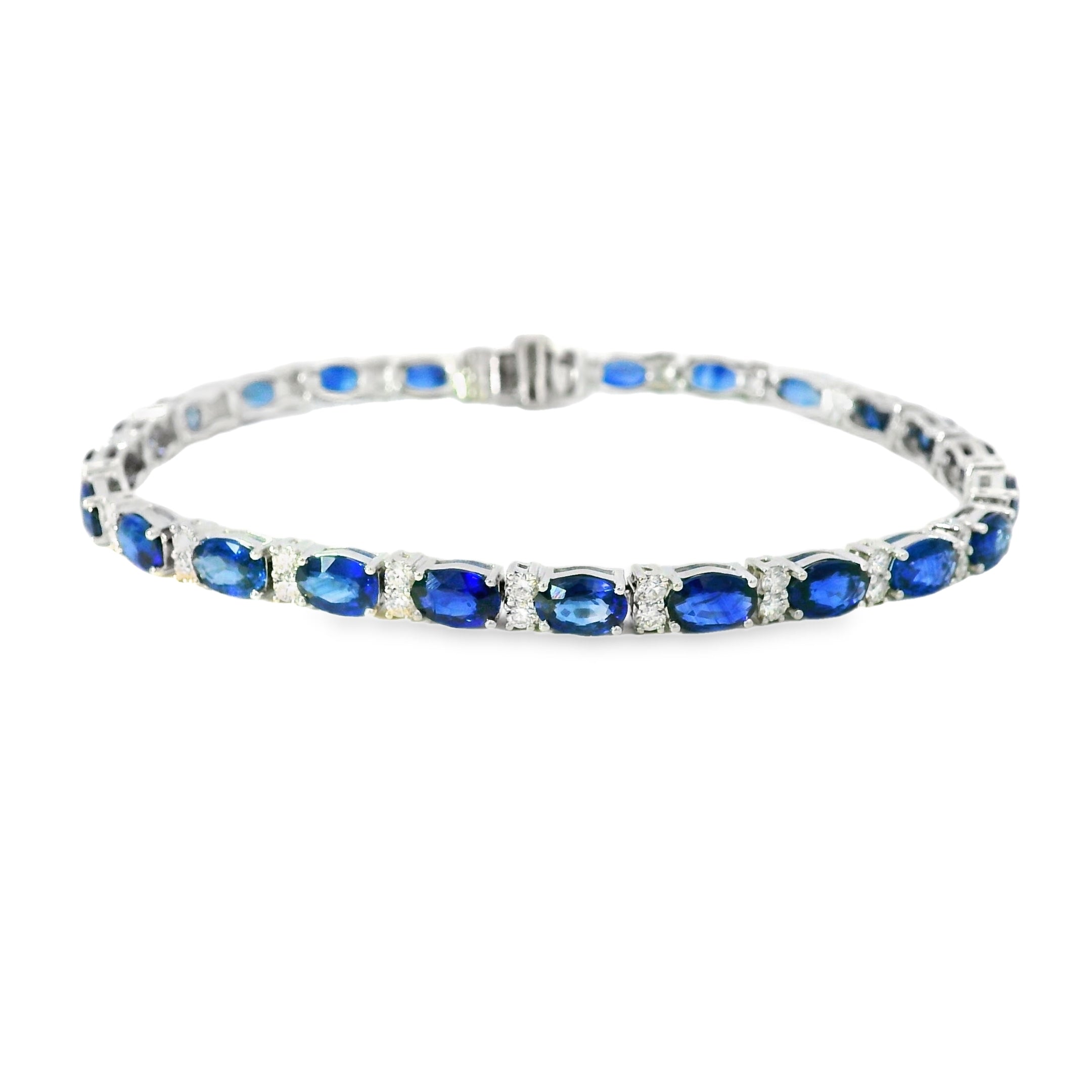 14k White Gold Tennis Bracelet Featuring 10ct Blue Sapphires and 1.00ct of Round Brilliant Diamonds