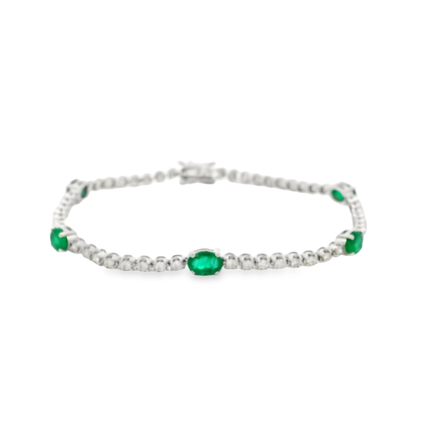 14K White Gold Tennis Bracelet with 3.23ct Emeralds and 2.65ct Round Brilliant Diamonds
