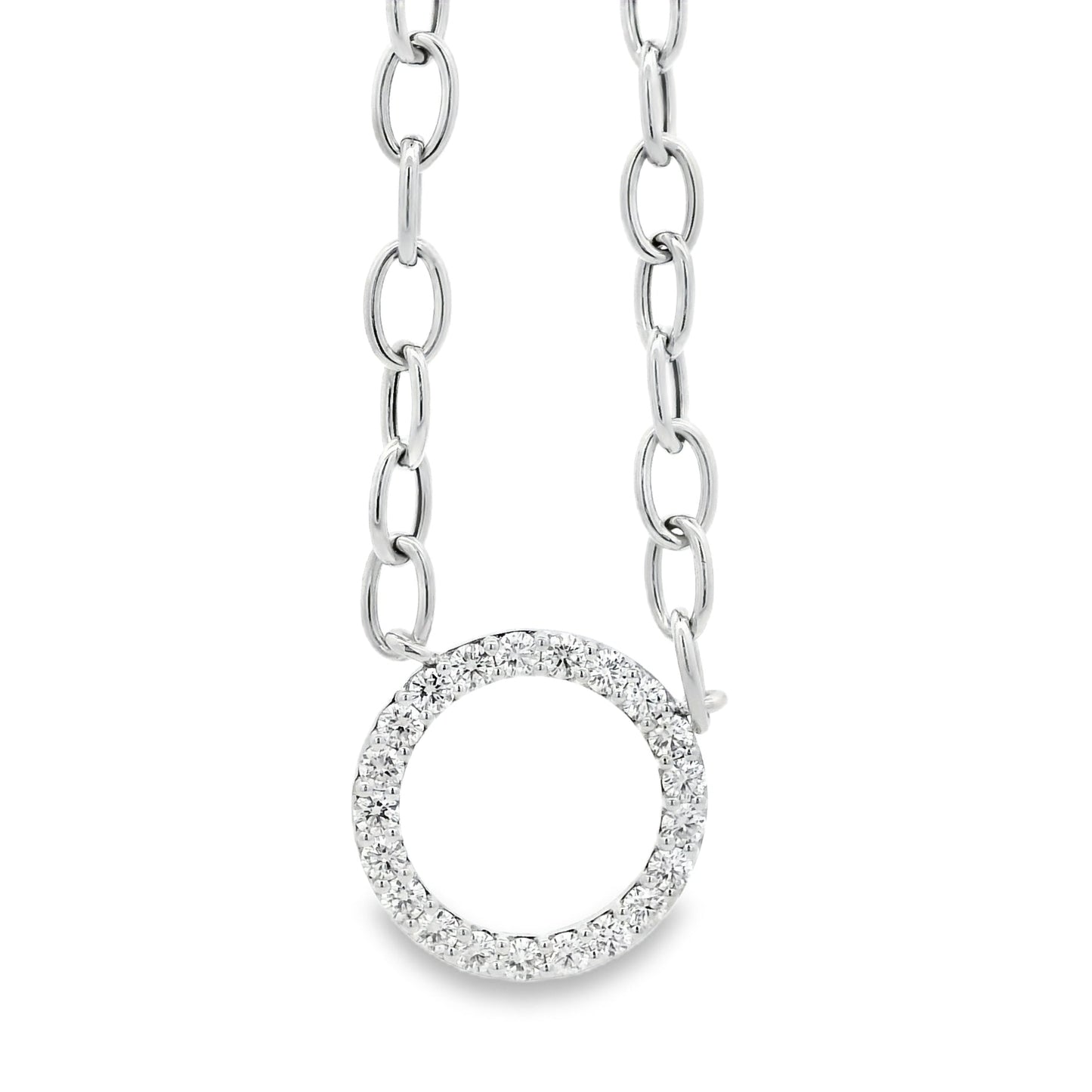 14k White Gold 1.00ctw Natural Round Brilliant Diamond Circle Center attached to a Large Oval Link Paperclip Chain