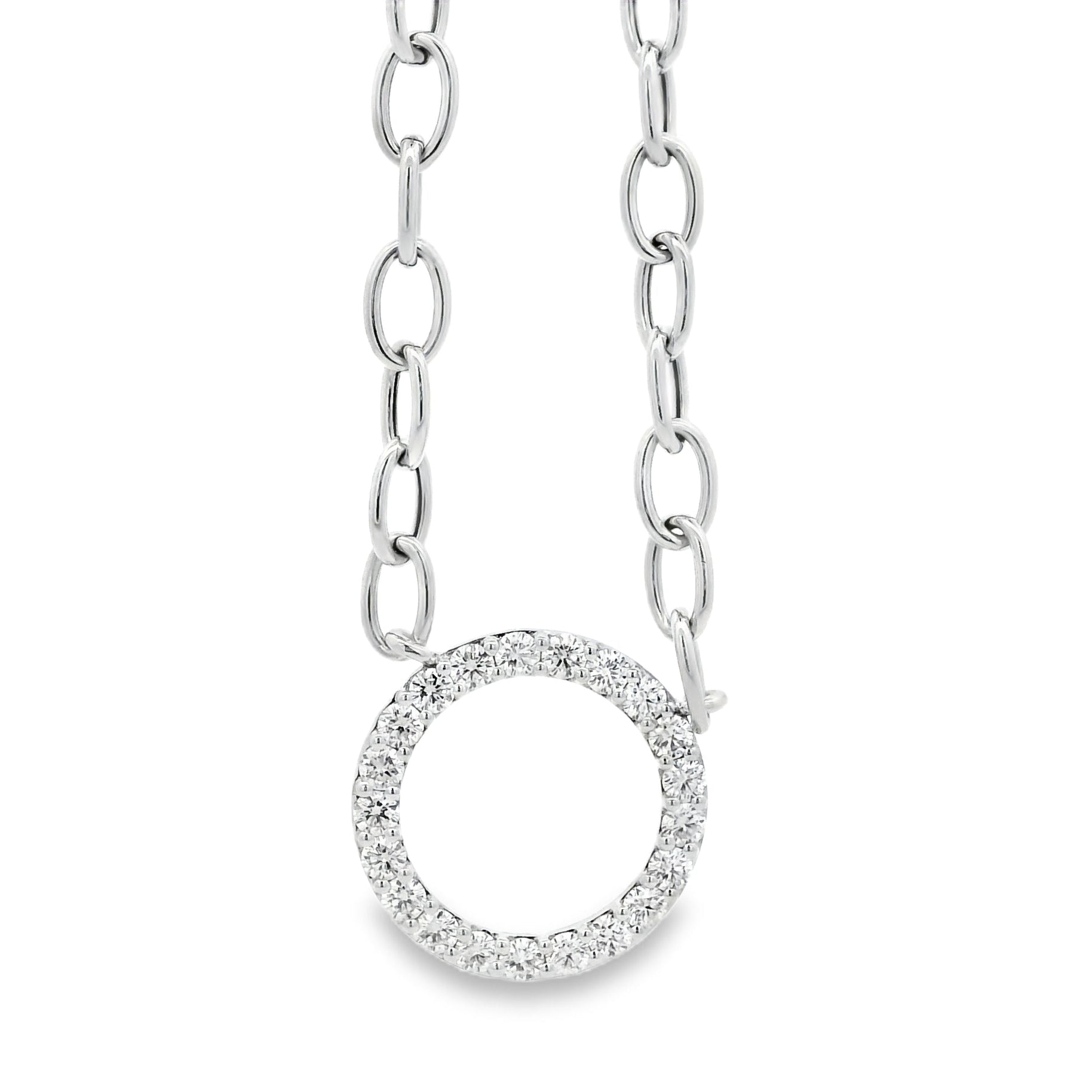 14k White Gold 1.00ctw Natural Round Brilliant Diamond Circle Center attached to a Large Oval Link Paperclip Chain