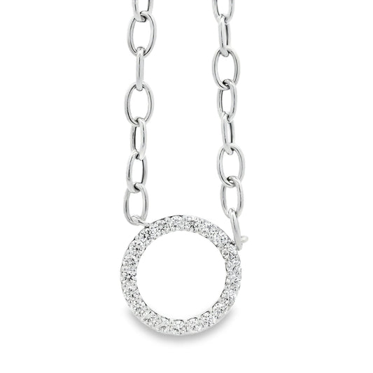 14k White Gold 1.00ctw Natural Round Brilliant Diamond Circle Center attached to a Large Oval Link Paperclip Chain