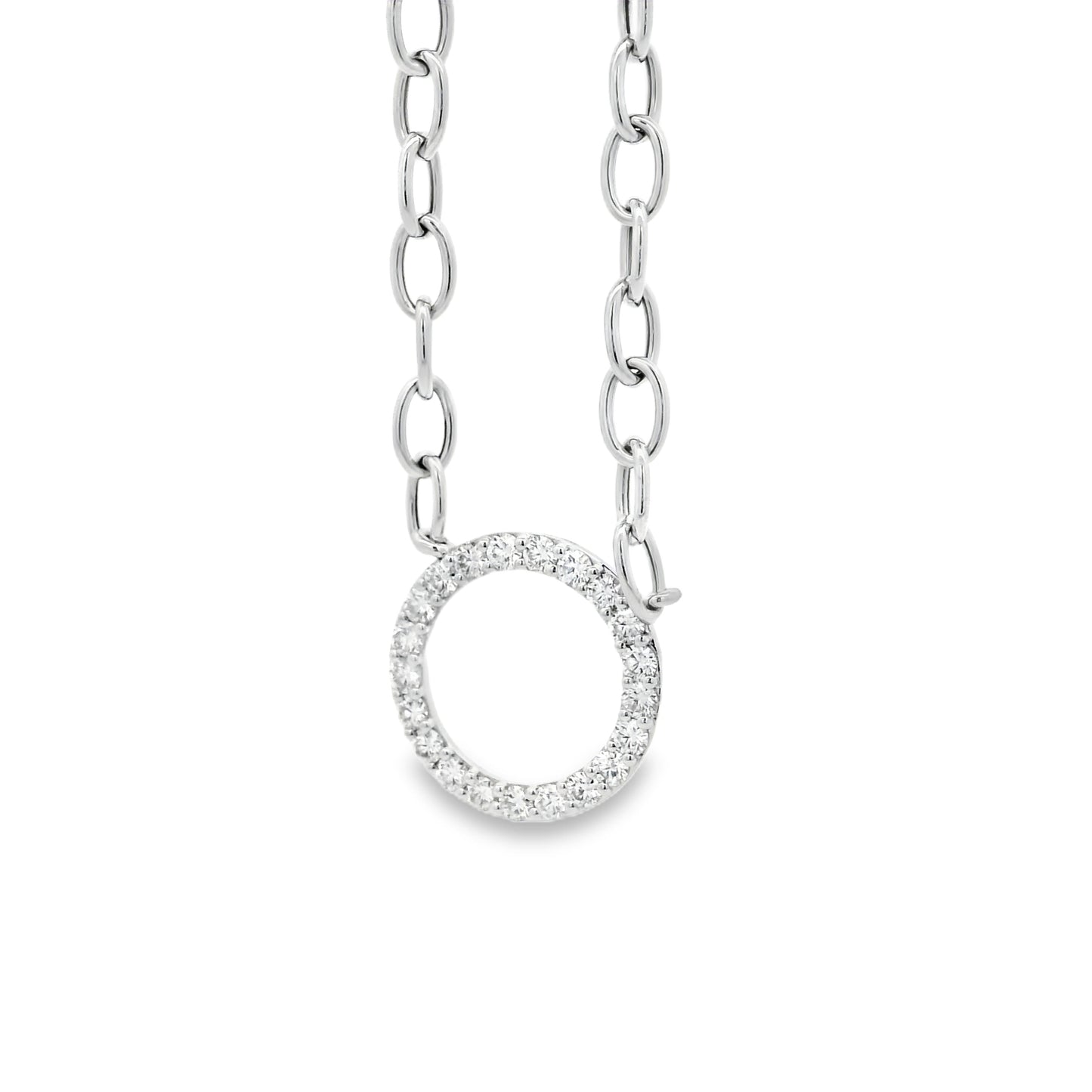 14k White Gold 1.00ctw Natural Round Brilliant Diamond Circle Center attached to a Large Oval Link Paperclip Chain