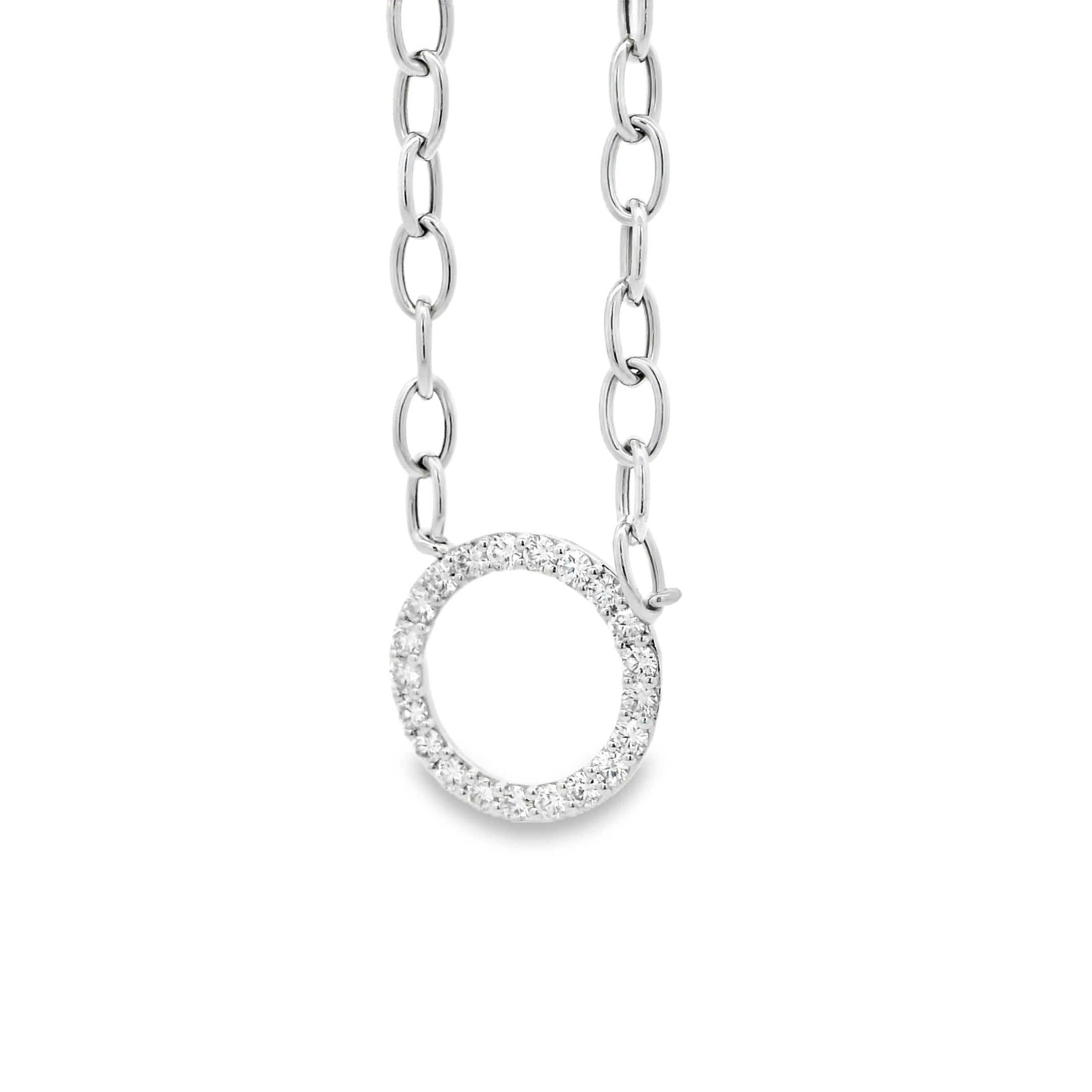 14k White Gold 1.00ctw Natural Round Brilliant Diamond Circle Center attached to a Large Oval Link Paperclip Chain