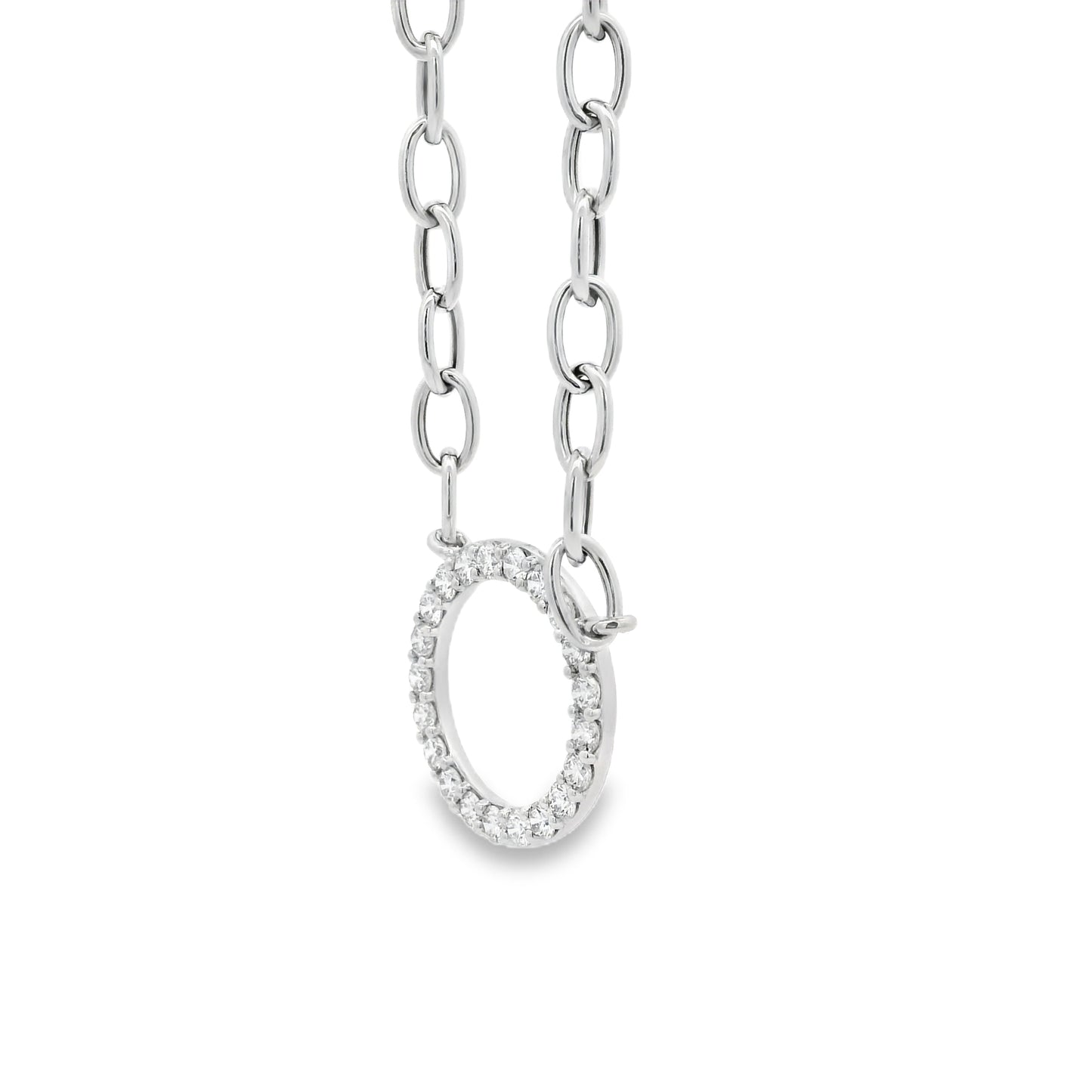 14k White Gold 1.00ctw Natural Round Brilliant Diamond Circle Center attached to a Large Oval Link Paperclip Chain