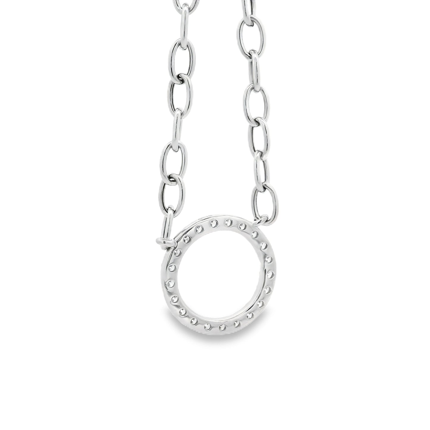 14k White Gold 1.00ctw Natural Round Brilliant Diamond Circle Center attached to a Large Oval Link Paperclip Chain
