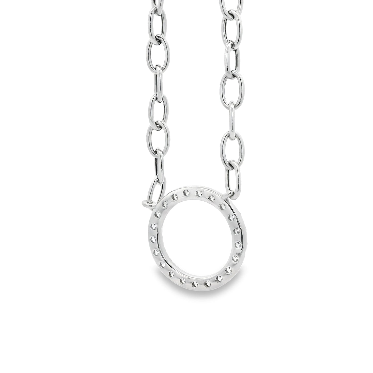 14k White Gold 1.00ctw Natural Round Brilliant Diamond Circle Center attached to a Large Oval Link Paperclip Chain