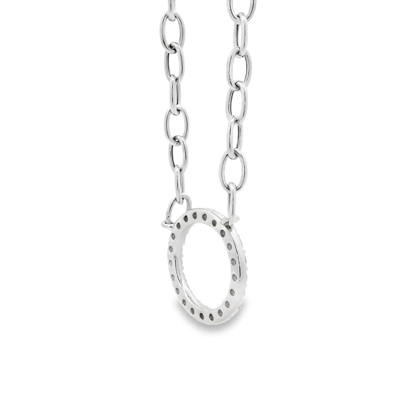 14k White Gold 1.00ctw Natural Round Brilliant Diamond Circle Center attached to a Large Oval Link Paperclip Chain