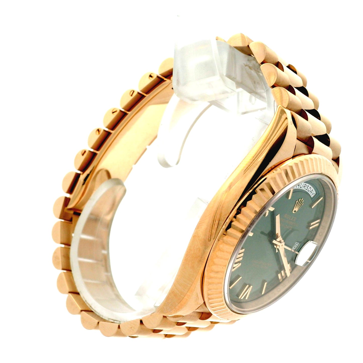 Rolex 228235 Day-Date Rose Gold Green Roman Dial and President Bracelet Watch
