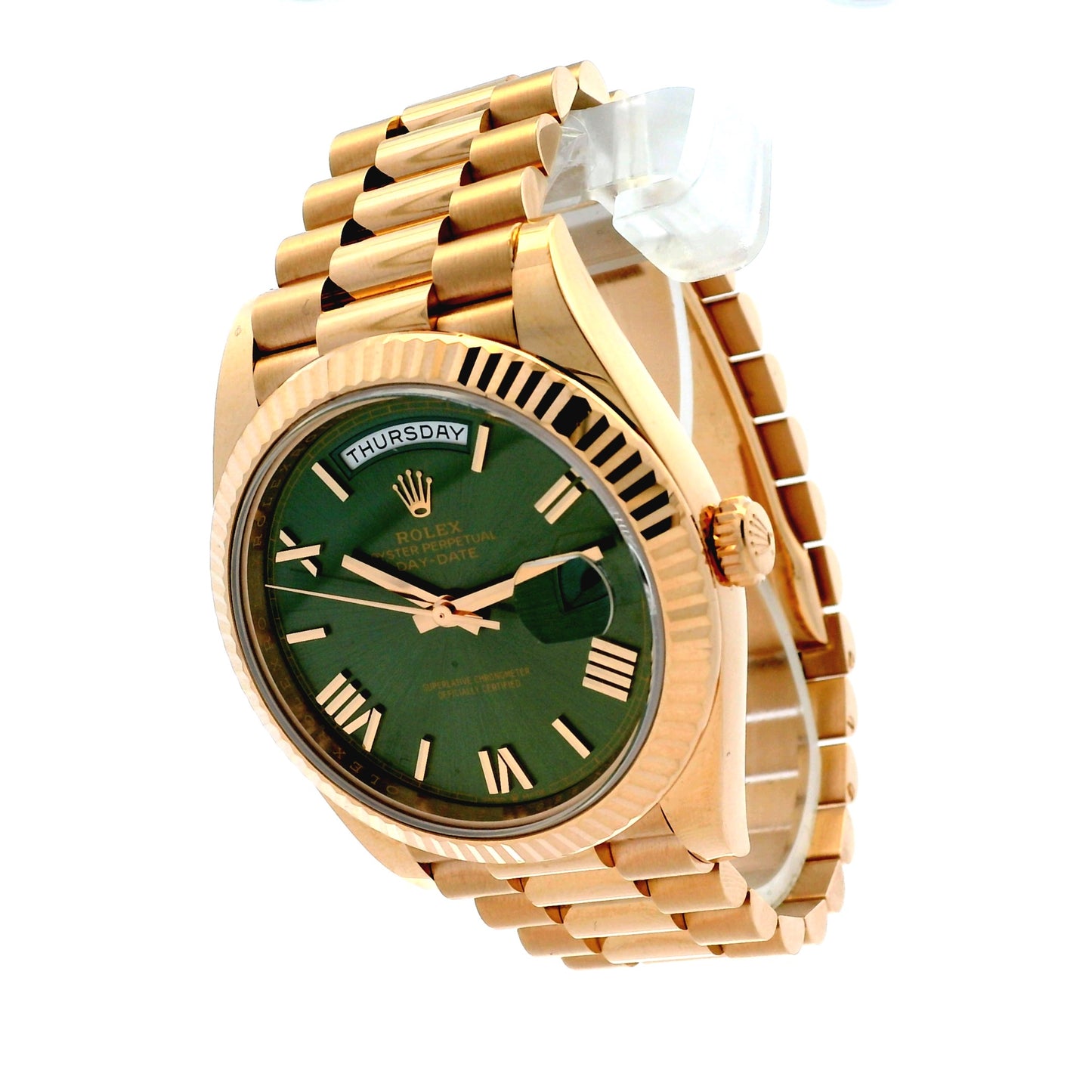 Rolex 228235 Day-Date Rose Gold Green Roman Dial and President Bracelet Watch