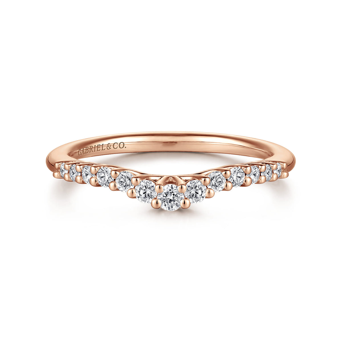 Curved 14K Rose Gold Shared Prong Diamond Wedding Band — Gabriel & Co. AN10975K44JJ