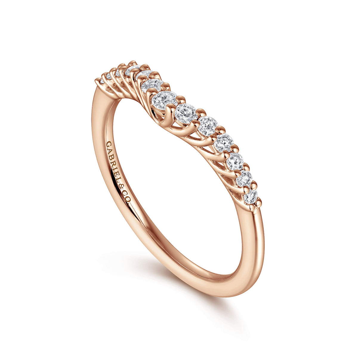 Curved 14K Rose Gold Shared Prong Diamond Wedding Band — Gabriel & Co. AN10975K44JJ