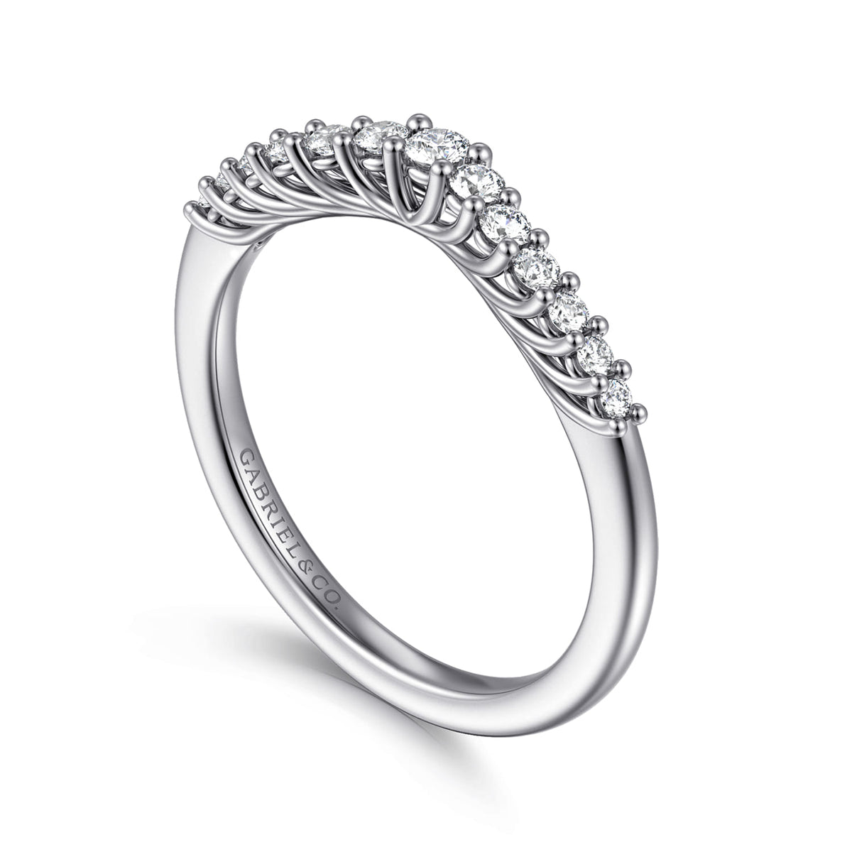 Curved Platinum Shared Prong Diamond Wedding Band — Gabriel & Co. AN10975PT4JJ