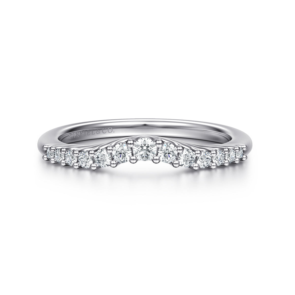 Curved 14K White Gold Shared Prong Diamond Wedding Band — Gabriel & Co. AN10975W44JJ