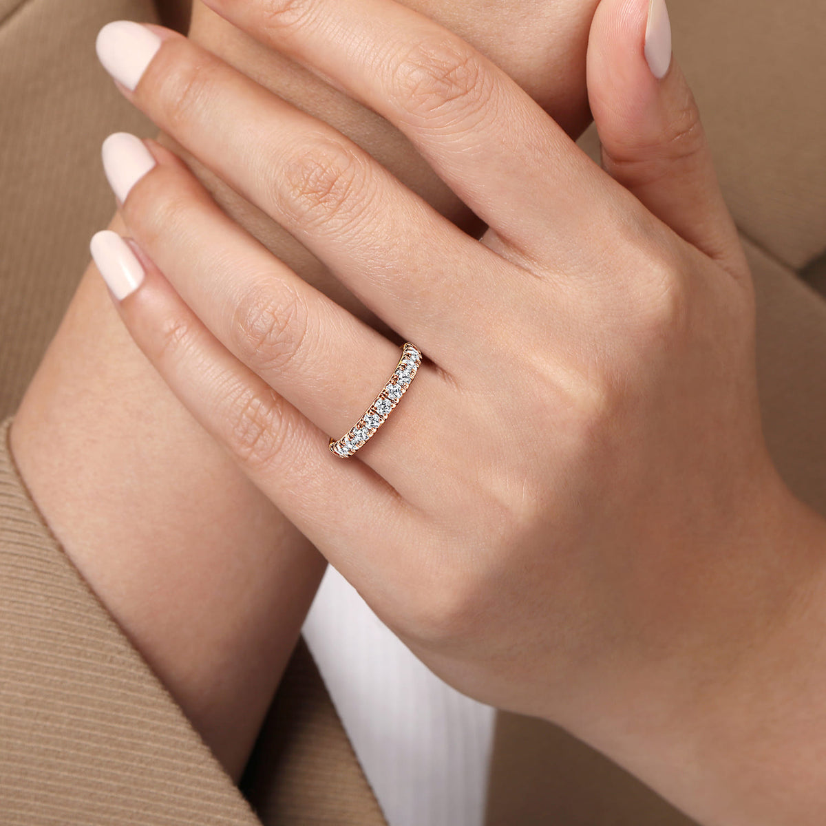 14K Rose Gold French Pave Set Diamond Wedding Band — Gabriel & Co. AN12085K44JJ