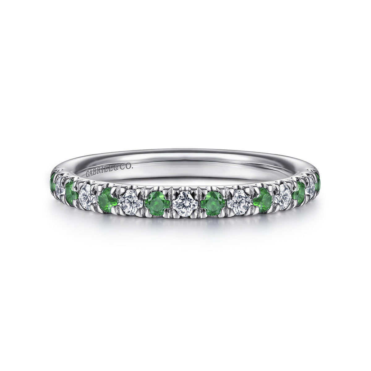 14K White Gold French Pavé Diamond and Emerald Anniversary Band — Gabriel & Co. AN14190W44EA