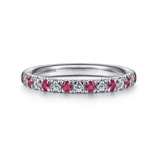 14K White Gold French Pavé Diamond and Ruby Anniversary Band — Gabriel & Co. AN14190W44RA