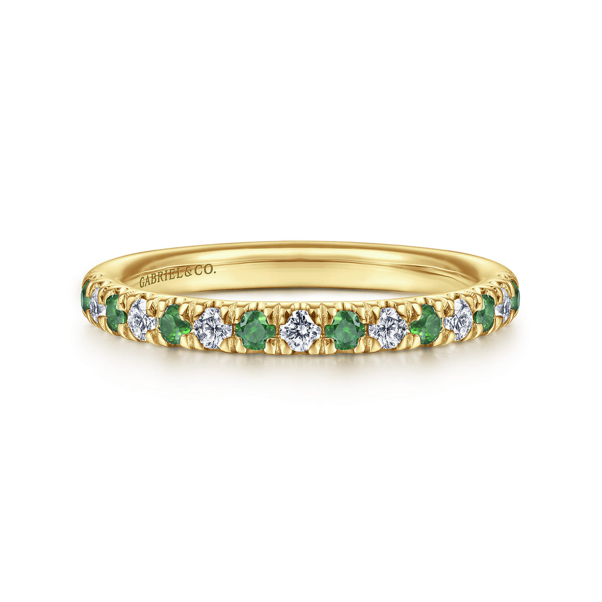 14K Yellow Gold French Pavé Diamond and Emerald Anniversary Band — Gabriel & Co. AN14190Y44EA