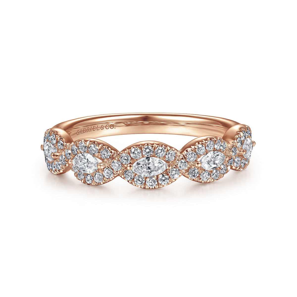 14K Rose Gold Round and Marquise Halo Station Diamond Anniversary Band — Gabriel & Co. AN15312K44JJ