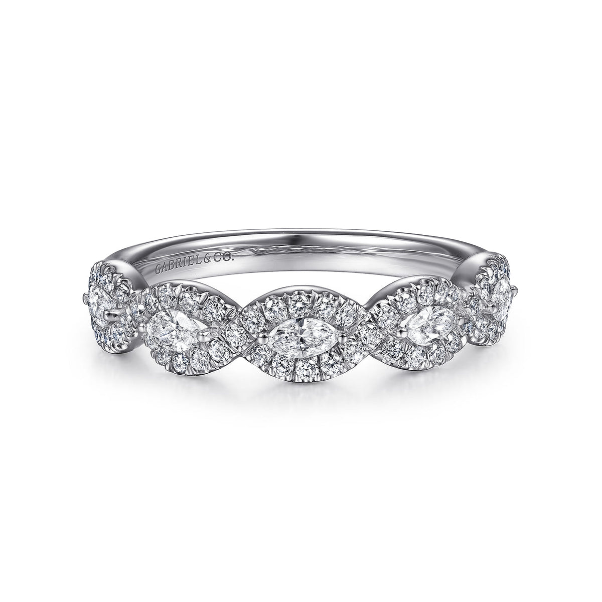 14K White Gold Round and Marquise Halo Station Diamond Anniversary Band — Gabriel & Co. AN15312W44JJ