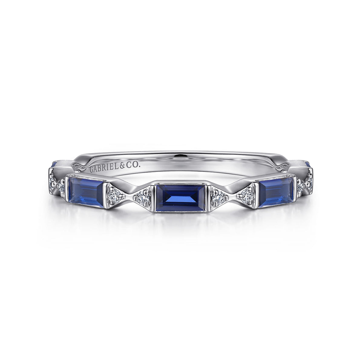 14K White Gold Bar Set Baguette Sapphire and Pave Round Diamond Anniversary Band — Gabriel & Co. AN15555W44SA