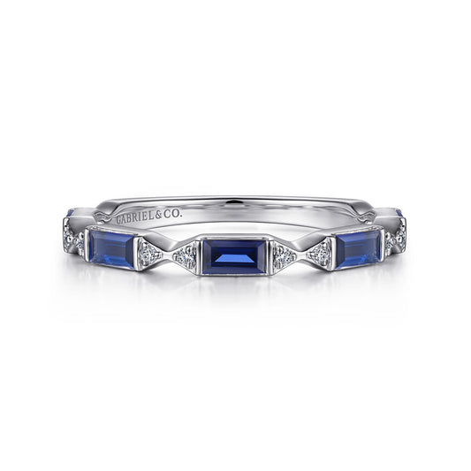 14K White Gold Bar Set Baguette Sapphire and Pave Round Diamond Anniversary Band — Gabriel & Co. AN15555W44SA