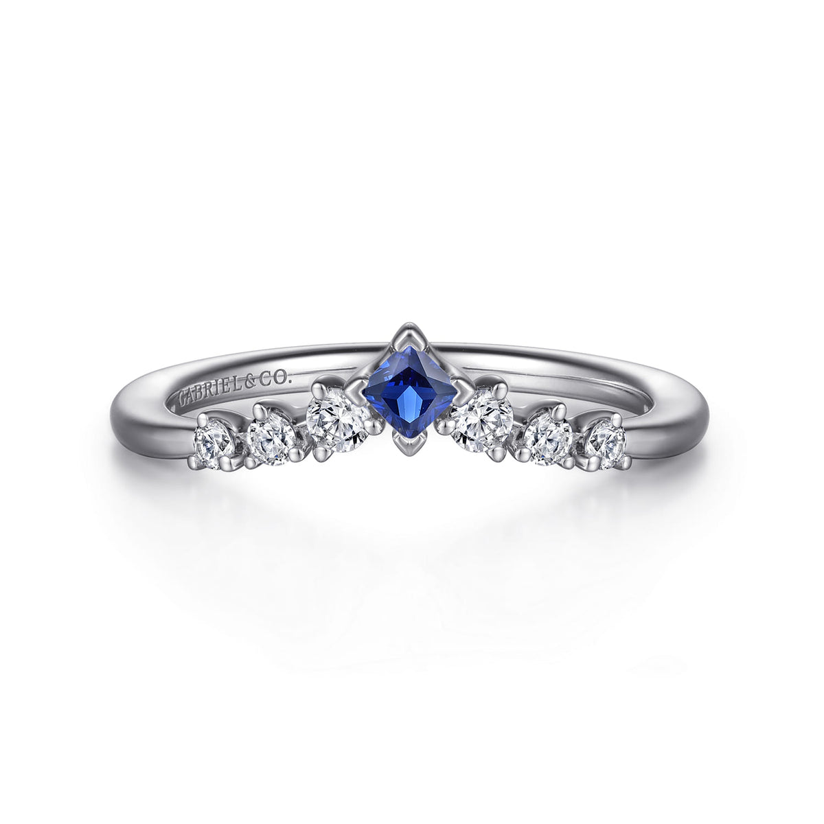 Curved 14K White Gold Corner Prong Princess Cut Sapphire and Prong Set Round Diamond Anniversary Band — Gabriel & Co. AN15557W44SA