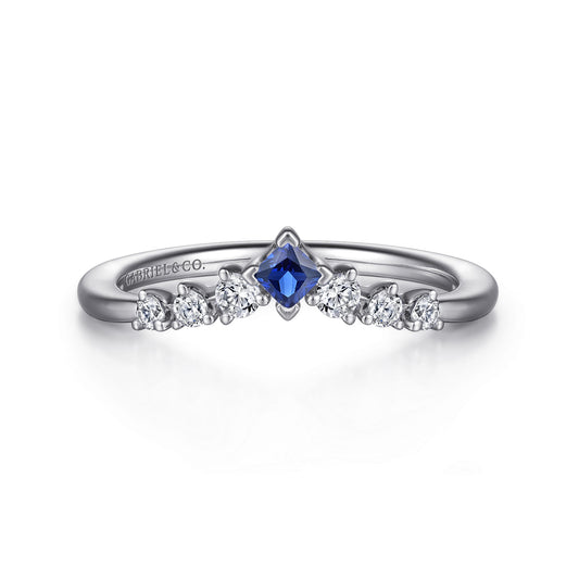 Curved 14K White Gold Corner Prong Princess Cut Sapphire and Prong Set Round Diamond Anniversary Band — Gabriel & Co. AN15557W44SA