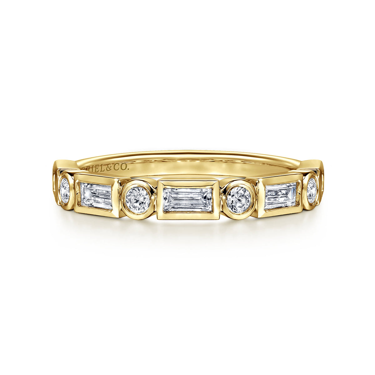 14K Yellow Gold Bezel Set Baguette and Round Diamond Anniversary Band — Gabriel & Co. AN16447Y44JJ