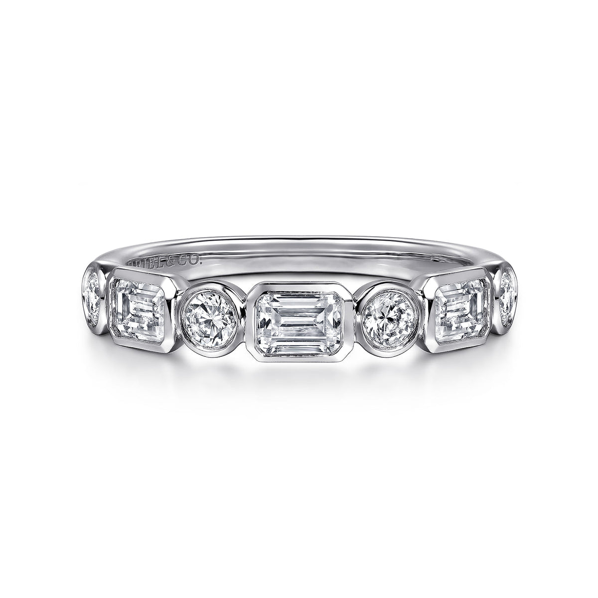 14K White Gold Bezel Set Emerald Cut and Round Diamond Anniversary Band — Gabriel & Co. AN16454W44JJ
