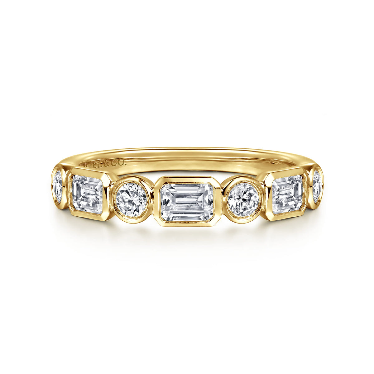 14K Yellow Gold Bezel Set Emerald Cut and Round Diamond Anniversary Band — Gabriel & Co. AN16454Y44JJ