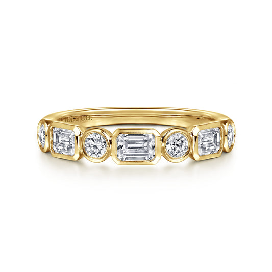 14K Yellow Gold Bezel Set Emerald Cut and Round Diamond Anniversary Band — Gabriel & Co. AN16454Y44JJ