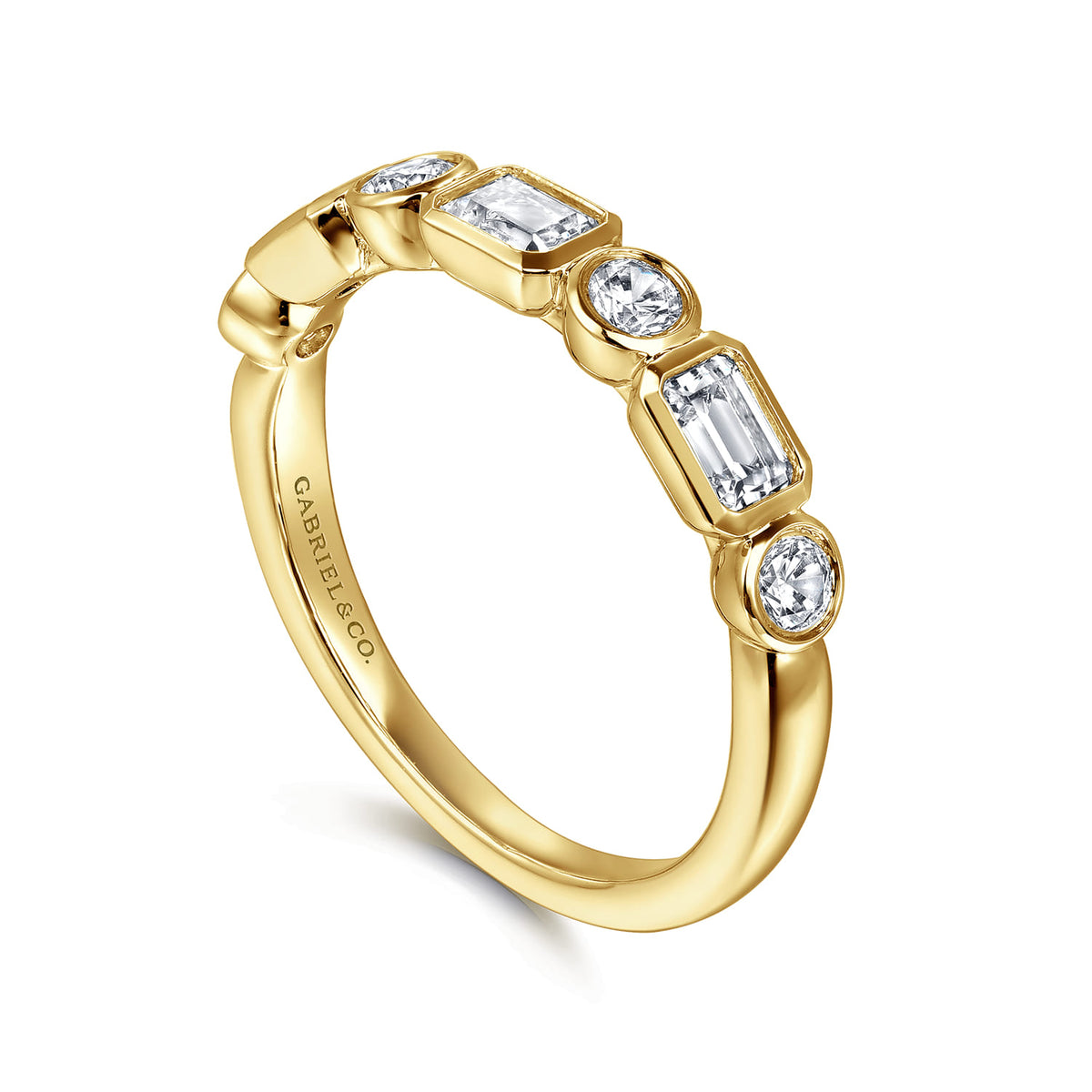 14K Yellow Gold Bezel Set Emerald Cut and Round Diamond Anniversary Band — Gabriel & Co. AN16454Y44JJ