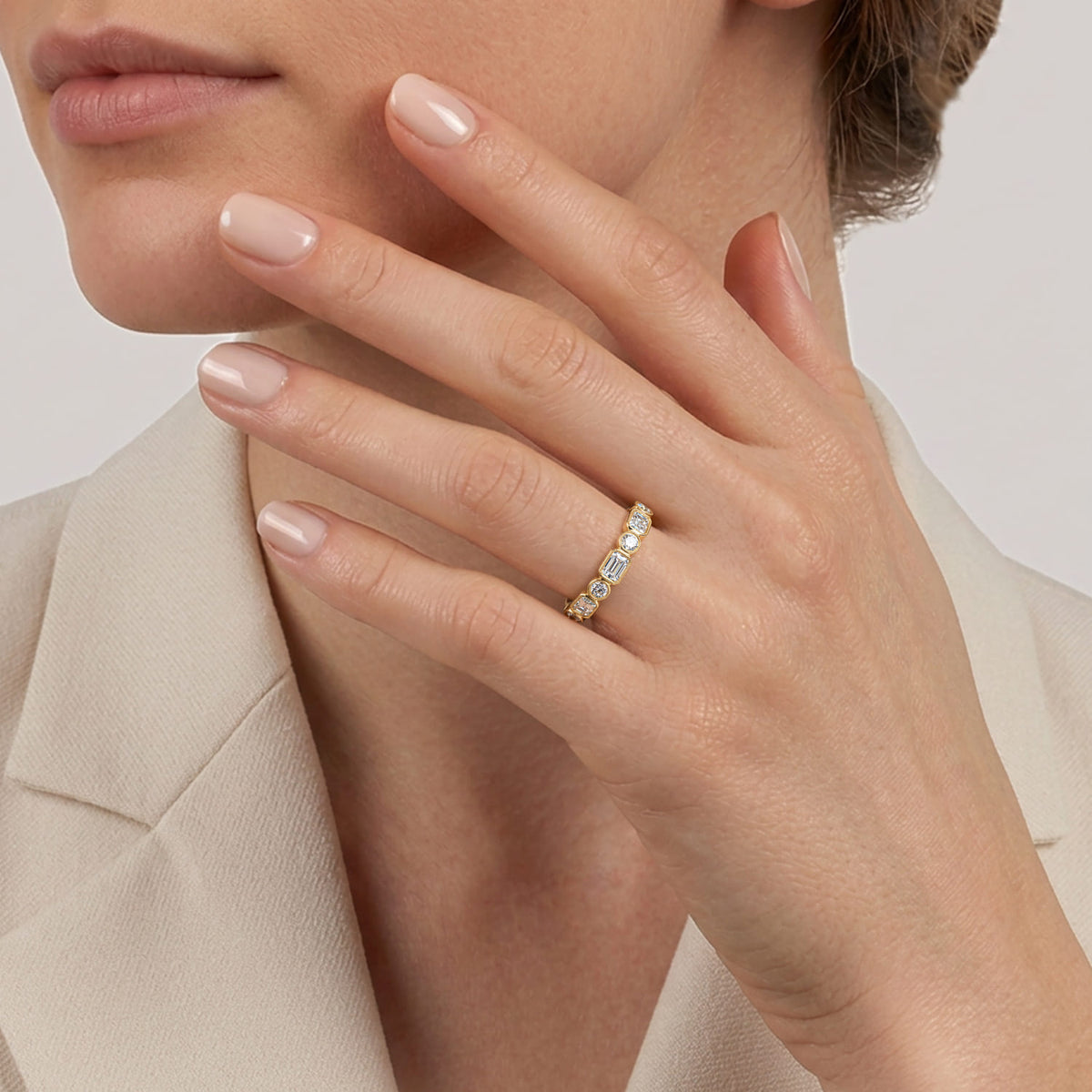14K Yellow Gold Bezel Set Emerald Cut and Round Diamond Anniversary Band — Gabriel & Co. AN16454Y44JJ
