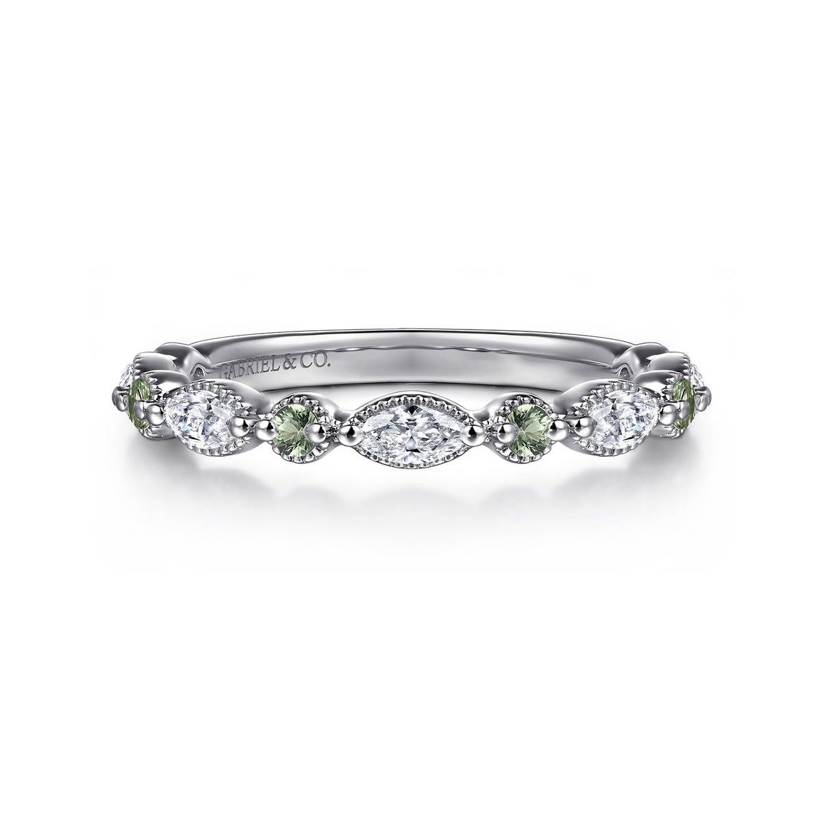 Vintage Inspire 14K White Gold Round Green Sapphire and Marquise Diamond Anniversary Band - 0.35 ct — Gabriel & Co. AN16459W43GS