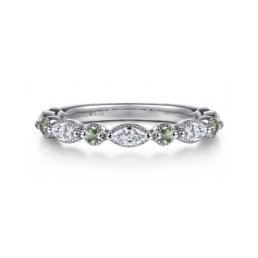 Vintage Inspire 14K White Gold Round Green Sapphire and Marquise Diamond Anniversary Band - 0.35 ct — Gabriel & Co. AN16459W43GS